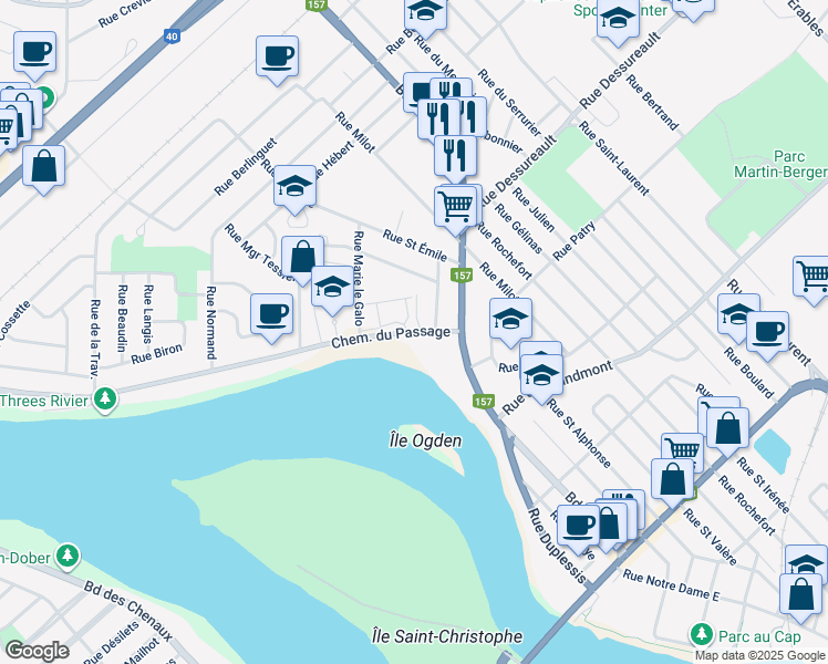 map of restaurants, bars, coffee shops, grocery stores, and more near 85 Chemin du Passage in Trois-Riviã¨Res