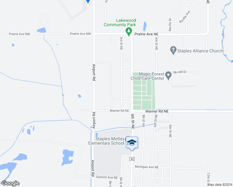 map of restaurants, bars, coffee shops, grocery stores, and more near 1403 3rd Street Northeast in Staples