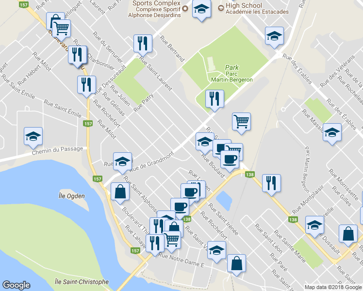 map of restaurants, bars, coffee shops, grocery stores, and more near Rue Arcand in Trois-Rivières