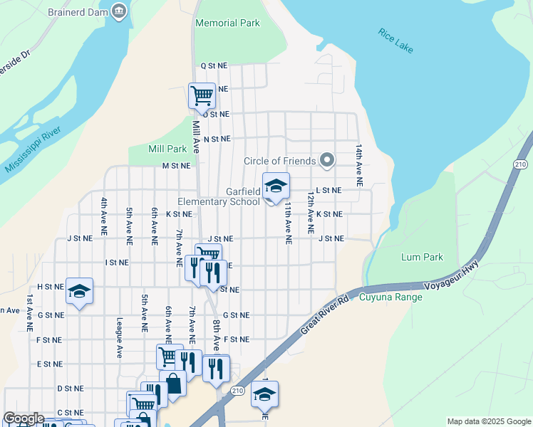 map of restaurants, bars, coffee shops, grocery stores, and more near 1120 10th Avenue Northeast in Brainerd