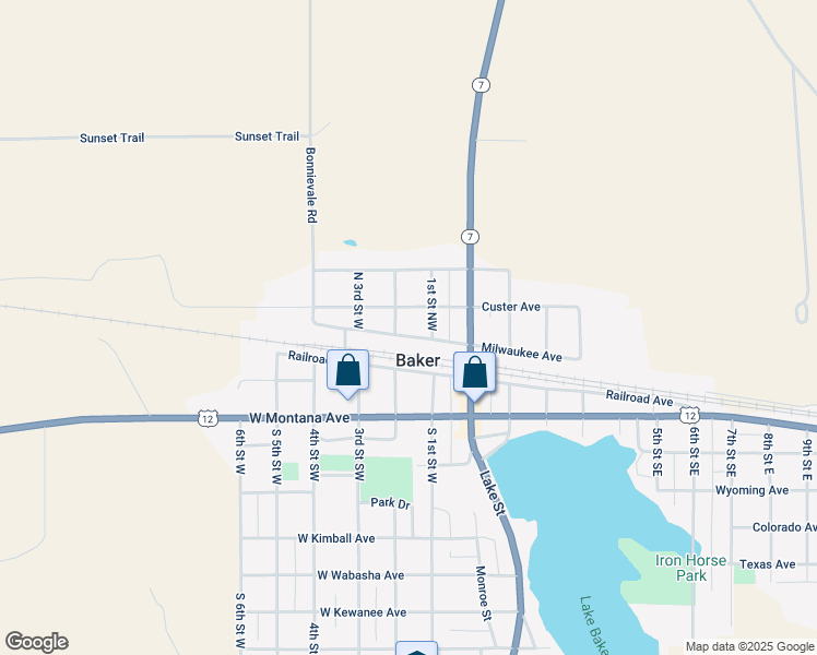 map of restaurants, bars, coffee shops, grocery stores, and more near 301 Custer Avenue in Baker
