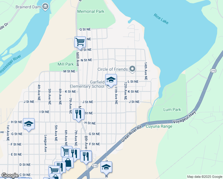 map of restaurants, bars, coffee shops, grocery stores, and more near 1120 10th Avenue Northeast in Brainerd