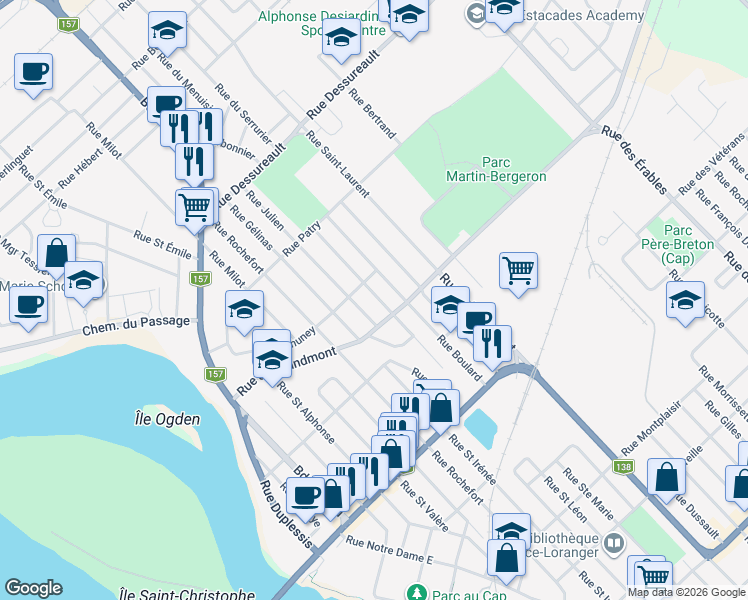 map of restaurants, bars, coffee shops, grocery stores, and more near 355 Rue Arcand in Trois-Rivières