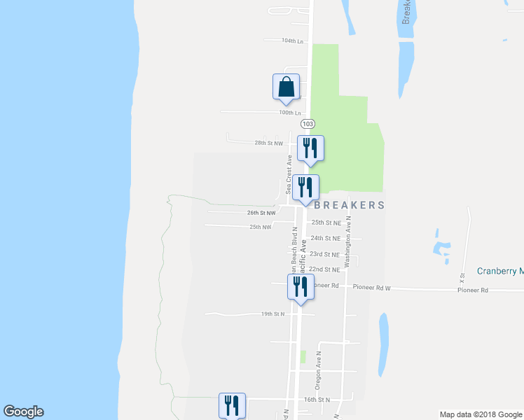 map of restaurants, bars, coffee shops, grocery stores, and more near 228 26th Street Northwest in Long Beach