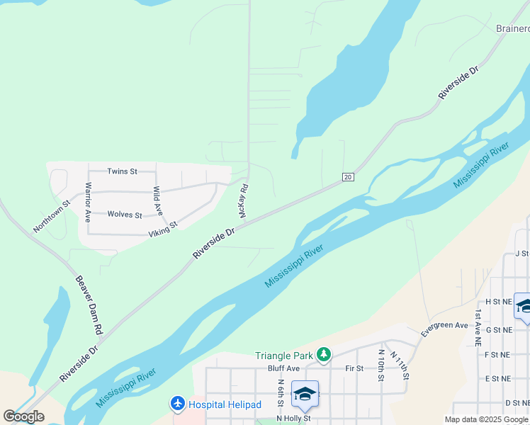 map of restaurants, bars, coffee shops, grocery stores, and more near 15079 Riverside Drive in Brainerd