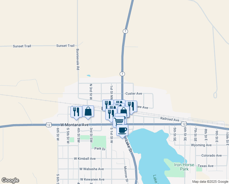 map of restaurants, bars, coffee shops, grocery stores, and more near 103 1st Street Northwest in Baker
