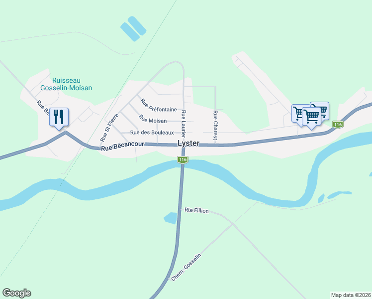 map of restaurants, bars, coffee shops, grocery stores, and more near 640 Rue Laurier in Lyster