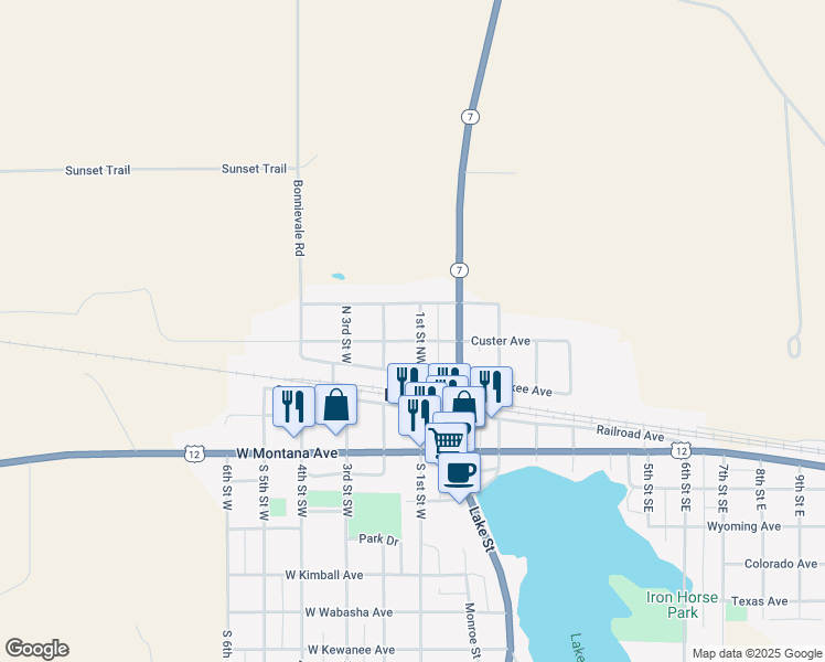 map of restaurants, bars, coffee shops, grocery stores, and more near 103 1st Street Northwest in Baker