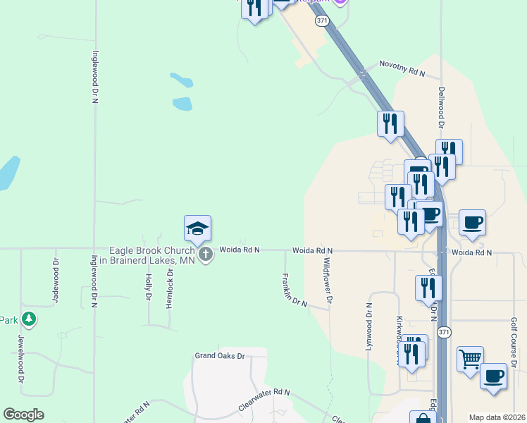 map of restaurants, bars, coffee shops, grocery stores, and more near 7010 Woida Road North in Baxter