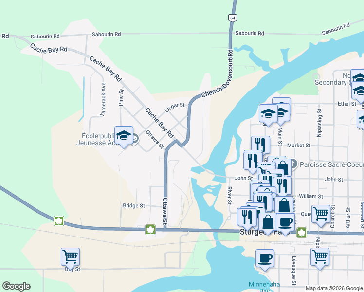 map of restaurants, bars, coffee shops, grocery stores, and more near Ontario 64 in West Nipissing