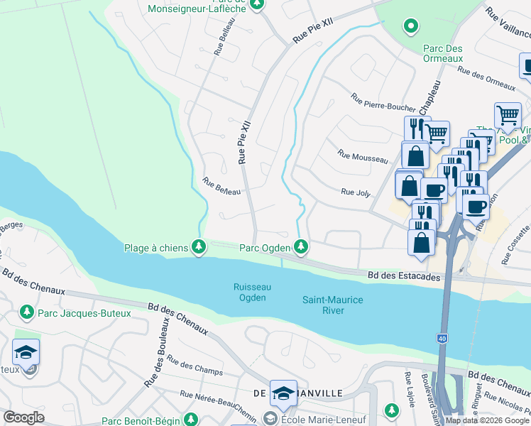 map of restaurants, bars, coffee shops, grocery stores, and more near 30 Place Pierre-Elliott-Trudeau in Trois-Riviã¨Res
