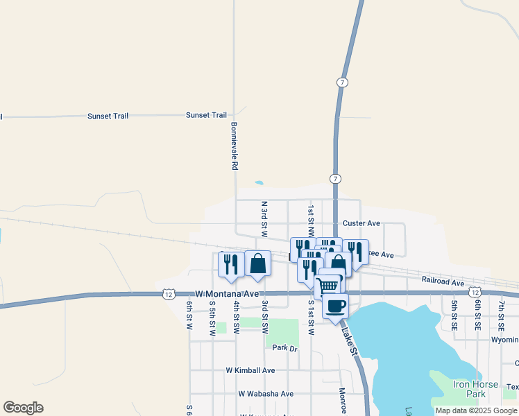 map of restaurants, bars, coffee shops, grocery stores, and more near 301 Custer Avenue in Baker