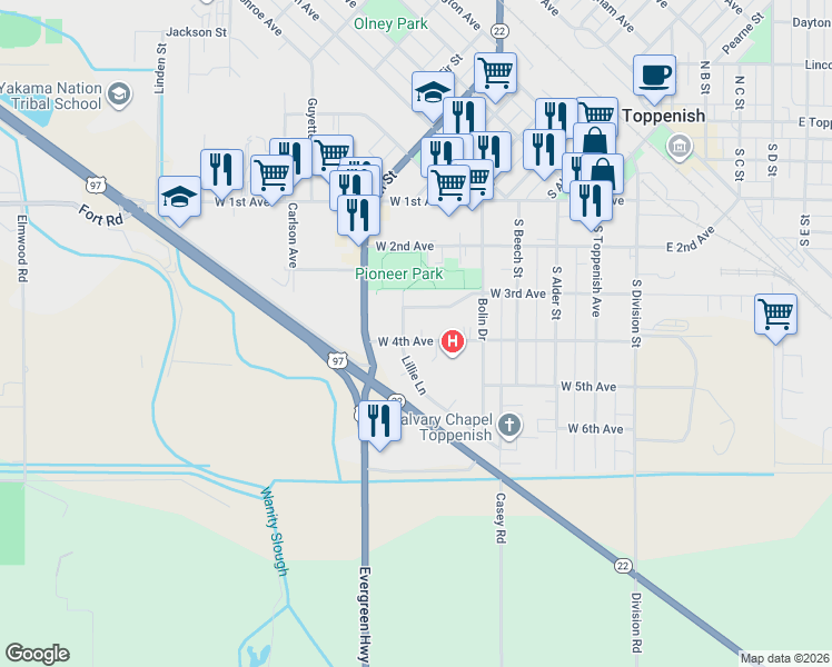 map of restaurants, bars, coffee shops, grocery stores, and more near 519 West 4th Avenue in Toppenish