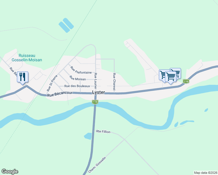 map of restaurants, bars, coffee shops, grocery stores, and more near 2580 Rue des Bouleaux in Lyster