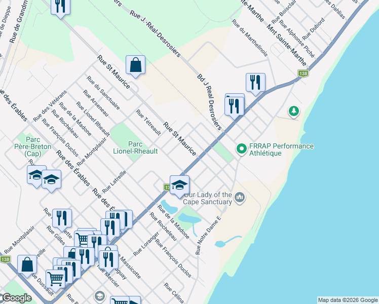 map of restaurants, bars, coffee shops, grocery stores, and more near 83 Rue Saint Maurice in Trois-Rivières
