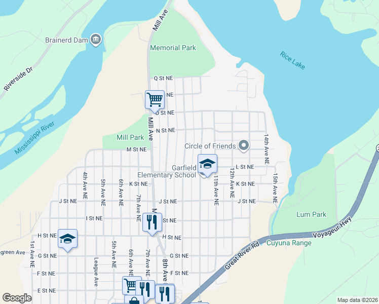 map of restaurants, bars, coffee shops, grocery stores, and more near 1305 9th Avenue Northeast in Brainerd