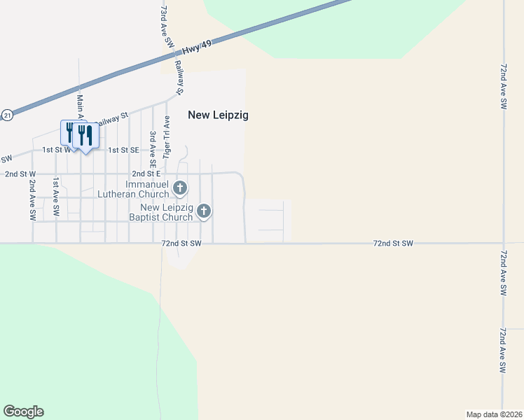 map of restaurants, bars, coffee shops, grocery stores, and more near 702 Roosevelt Street in New Leipzig