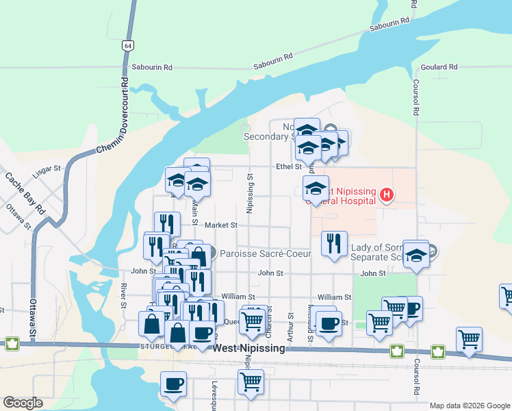 map of restaurants, bars, coffee shops, grocery stores, and more near 88 Nipissing Street in West Nipissing