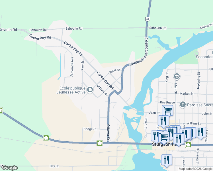 map of restaurants, bars, coffee shops, grocery stores, and more near 180 Dufferin Street in West Nipissing
