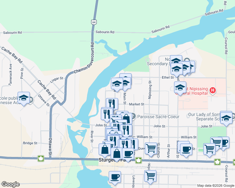 map of restaurants, bars, coffee shops, grocery stores, and more near 94 King Street in West Nipissing