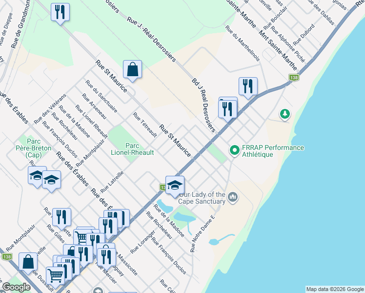 map of restaurants, bars, coffee shops, grocery stores, and more near 94 Rue Saint Maurice in Trois-Rivières