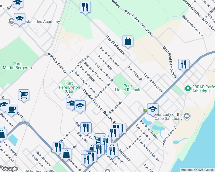 map of restaurants, bars, coffee shops, grocery stores, and more near 235 Rue de la Madone in Trois-Rivières