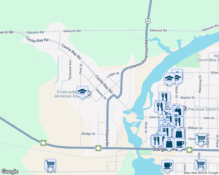 map of restaurants, bars, coffee shops, grocery stores, and more near 180 Dufferin Street in Sturgeon Falls