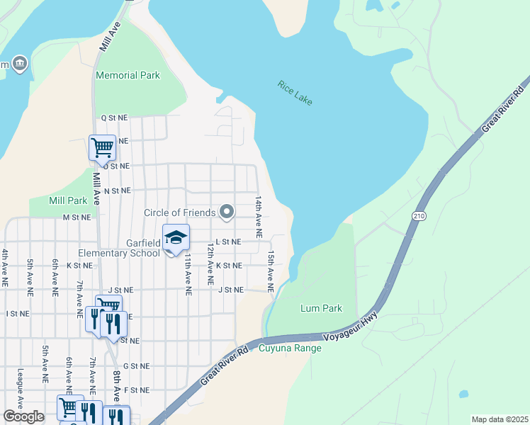 map of restaurants, bars, coffee shops, grocery stores, and more near 1306 14th Avenue Northeast in Brainerd