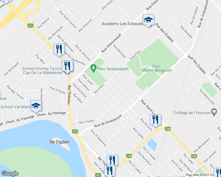 map of restaurants, bars, coffee shops, grocery stores, and more near 431 Rue Boulard in Trois-Rivières