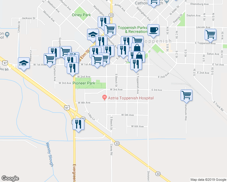 map of restaurants, bars, coffee shops, grocery stores, and more near 402 West 3rd Avenue in Toppenish