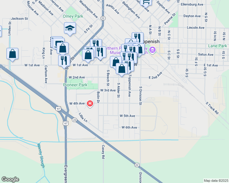 map of restaurants, bars, coffee shops, grocery stores, and more near 340 West 3rd Avenue in Toppenish
