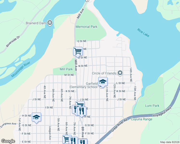 map of restaurants, bars, coffee shops, grocery stores, and more near 1305 9th Avenue Northeast in Brainerd