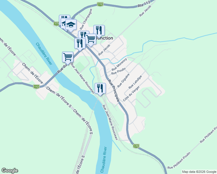 map of restaurants, bars, coffee shops, grocery stores, and more near 195 Rue Fournier in Vallée-Jonction