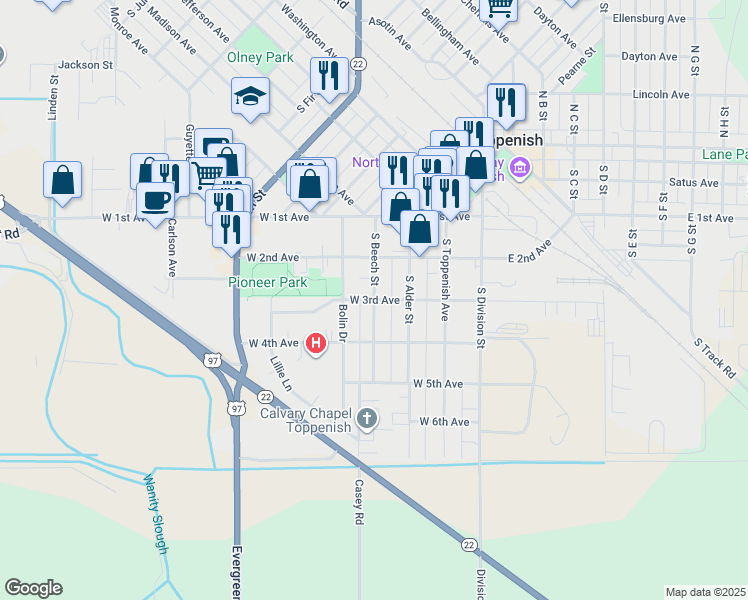 map of restaurants, bars, coffee shops, grocery stores, and more near 400 West 3rd Avenue in Toppenish