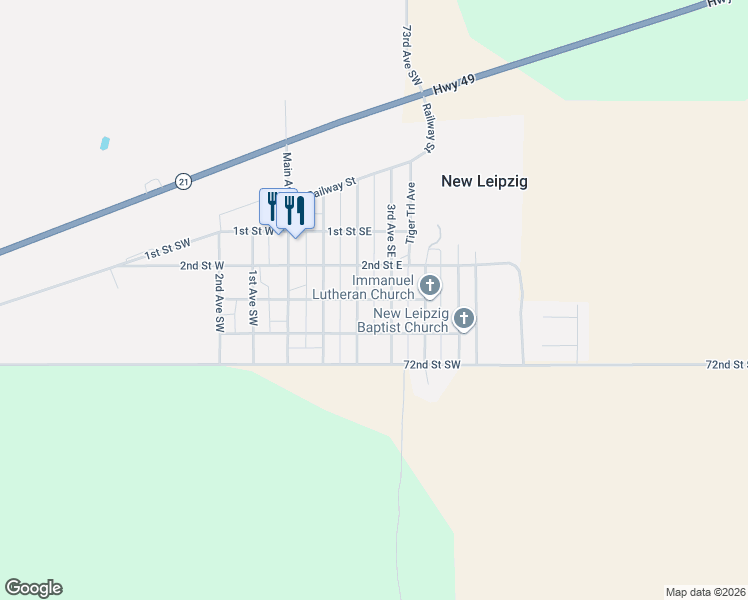 map of restaurants, bars, coffee shops, grocery stores, and more near 248 3rd Street East in New Leipzig