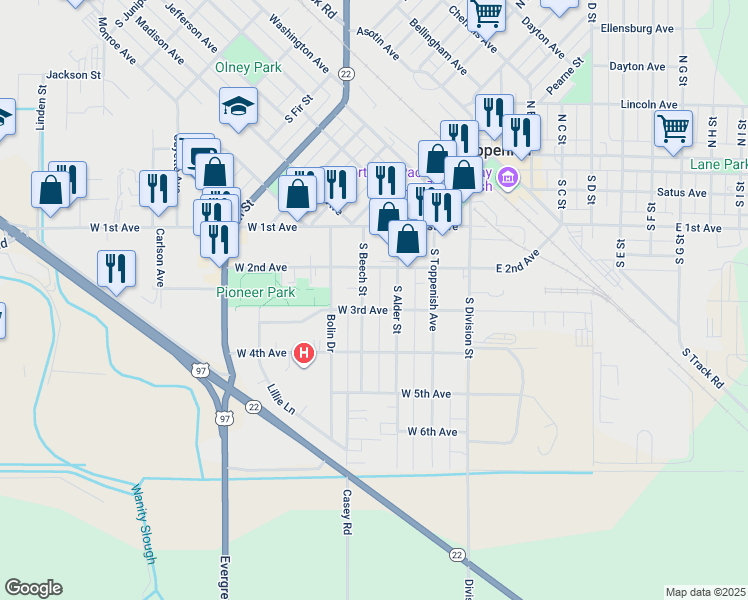 map of restaurants, bars, coffee shops, grocery stores, and more near 340 West 3rd Avenue in Toppenish