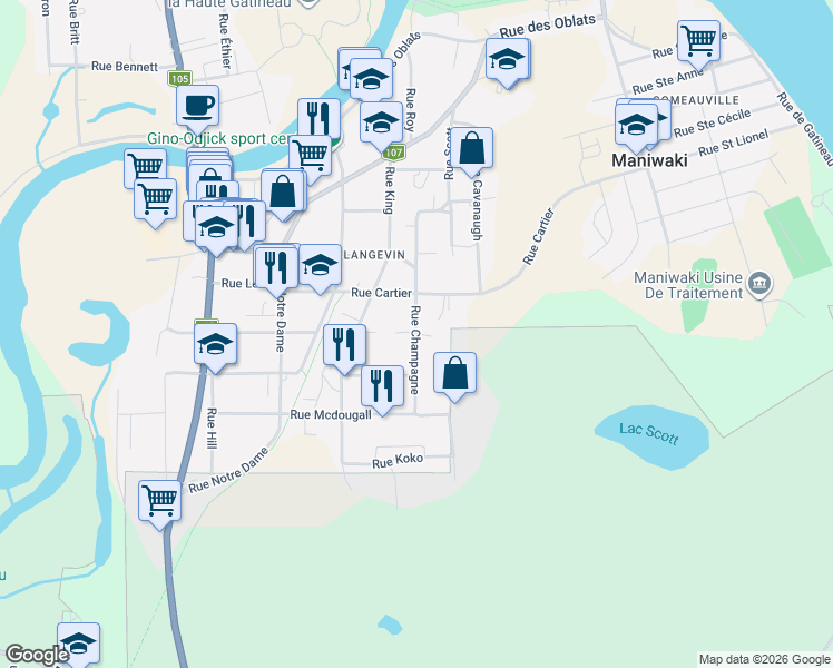 map of restaurants, bars, coffee shops, grocery stores, and more near 231 Rue Champagne in Maniwaki