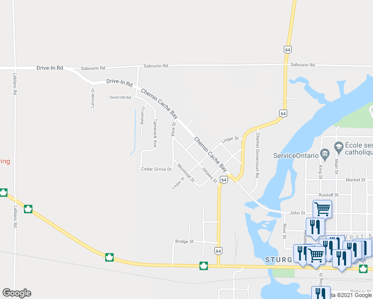 map of restaurants, bars, coffee shops, grocery stores, and more near 159 Lorne Street in West Nipissing