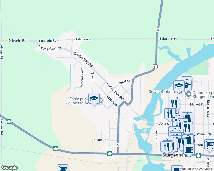 map of restaurants, bars, coffee shops, grocery stores, and more near 195 Cache Bay Road in West Nipissing