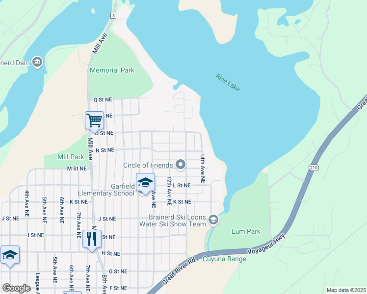 map of restaurants, bars, coffee shops, grocery stores, and more near 1414 13th Avenue Northeast in Brainerd