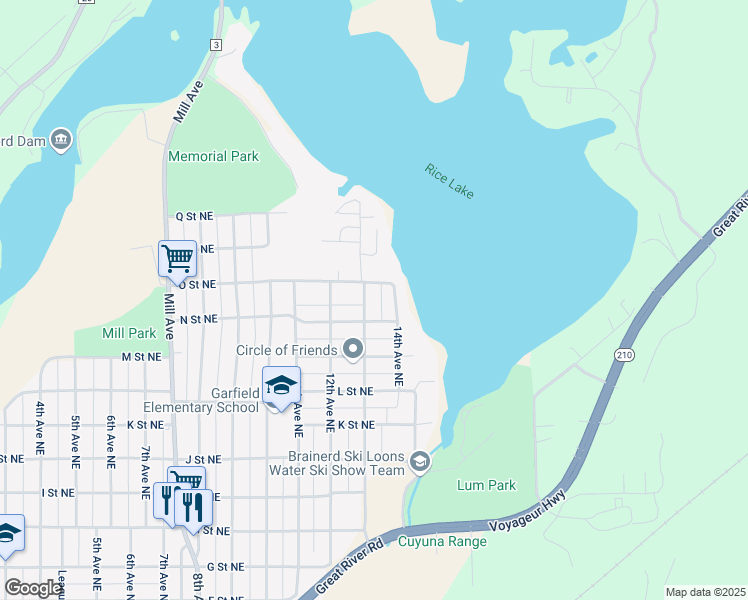 map of restaurants, bars, coffee shops, grocery stores, and more near 1414 13th Avenue Northeast in Brainerd