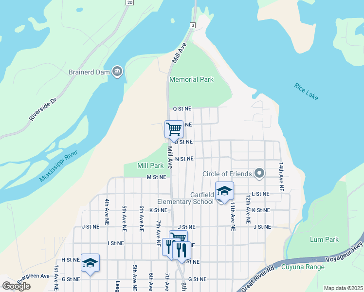 map of restaurants, bars, coffee shops, grocery stores, and more near 1421 8th Avenue Northeast in Brainerd