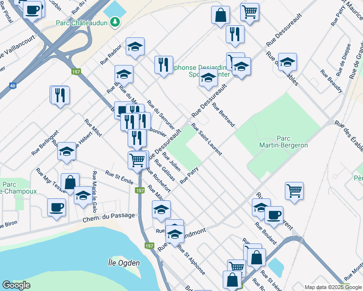 map of restaurants, bars, coffee shops, grocery stores, and more near 62 Rue Dessureault in Trois-Rivières