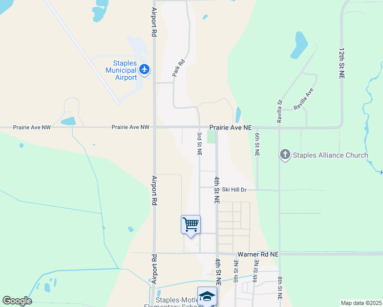 map of restaurants, bars, coffee shops, grocery stores, and more near 1515 3rd Street Northeast in Staples