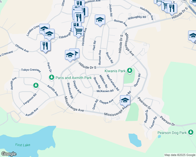 map of restaurants, bars, coffee shops, grocery stores, and more near 3 Brown Road in Elliot Lake
