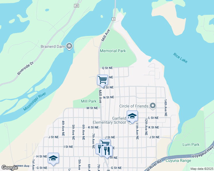 map of restaurants, bars, coffee shops, grocery stores, and more near 1421 8th Avenue Northeast in Brainerd