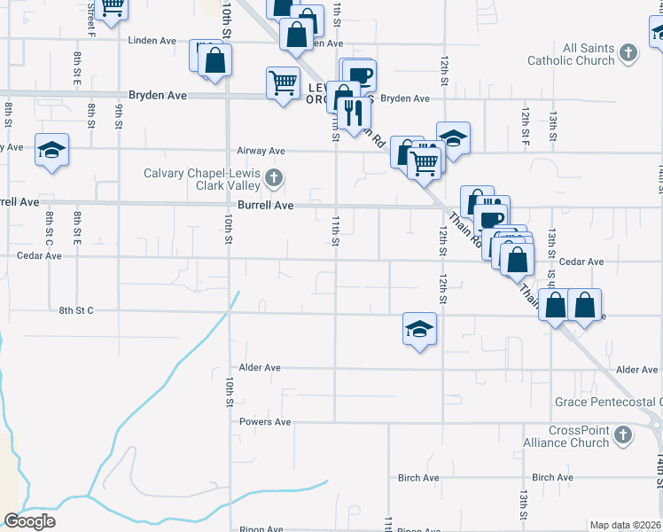 map of restaurants, bars, coffee shops, grocery stores, and more near 3528 11th Street in Lewiston