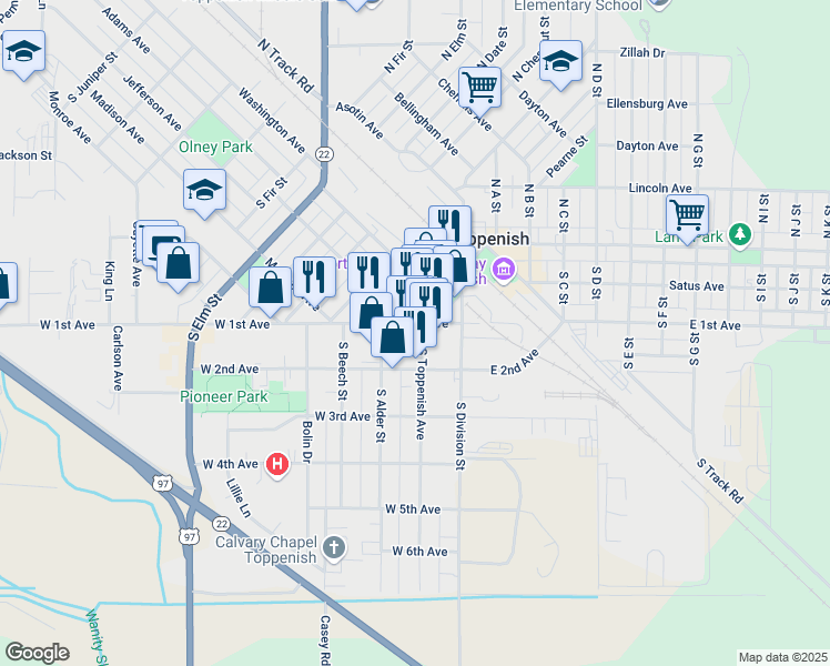 map of restaurants, bars, coffee shops, grocery stores, and more near 223 West 1st Avenue in Toppenish