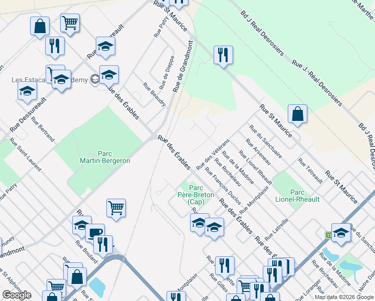 map of restaurants, bars, coffee shops, grocery stores, and more near 414 Rue Gustave Catellier in Trois-Rivières