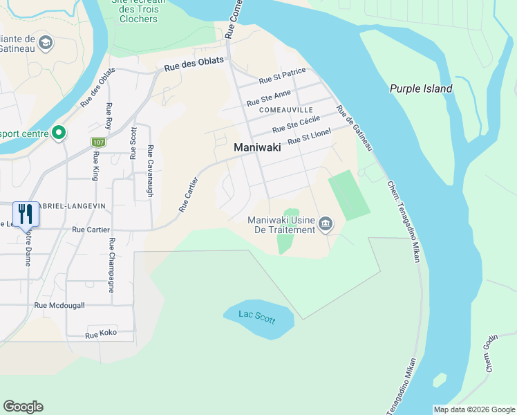 map of restaurants, bars, coffee shops, grocery stores, and more near Rue Houle in Maniwaki